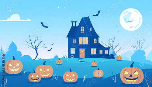 Illustrated Halloween scene haunted house, pumpkins, bats, moon, against a blue night sky backdrop