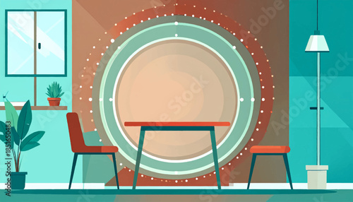 Indoor scene table, chair, stool, lamp, window, houseplants in cartoon style with teal and brown color palette