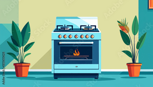 Illustrated kitchen scene a blue oven with plants stands against a two-tone wall, stylized and vibrant