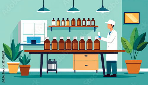 Illustrated lab lab coat scientist, bottles, shelves, plants, desk, clean environment, and a bright art style