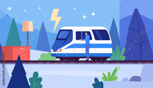 Illustrated landscape featuring a train, desk, stars, trees, a man, and a lightning bolt on a railway