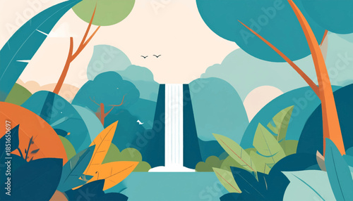 Illustrated landscape of waterfall amidst lush, stylized foliage with birds flying in a pale blue sky
