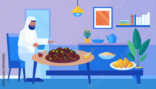 Illustrated man in traditional dress at a table laden with various dishes in a blue and purple room