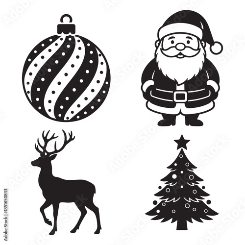 This image displays four black-and-white Christmas-themed icons arranged in a 2x2 grid. The four classic symbols 