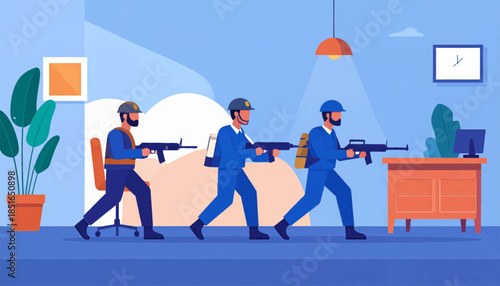 Illustrated men in blue suits with guns walking through an office space