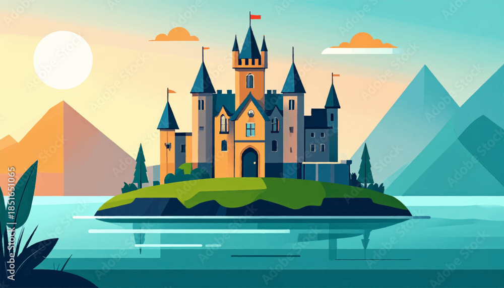 Naklejka premium Illustration of a castle on an island, surrounded by water, mountains and sunset sky