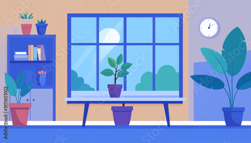 Illustration of a bright, serene room with plants, a window, shelves, and a clock on a muted color palette