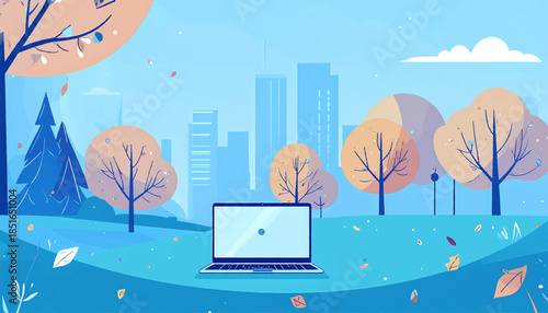Illustrated open laptop in a park with city backdrop, stylized with blue, orange, and white