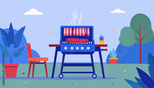 Illustrated outdoor BBQ scene with a grill, plant, chair, and trees against a light blue sky backdrop