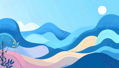 Serene, stylized landscape with soft blues, pinks and yellows, evoking a calm, dreamy atmosphere