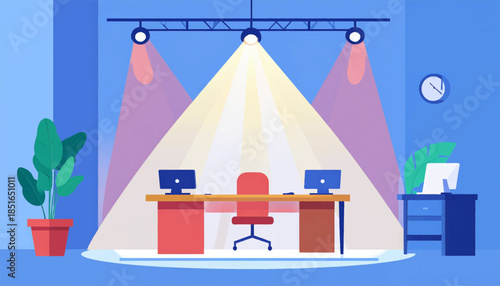 Illustration of a brightly lit, stylized workspace with computers, desk, chair, plant and clock, rendered in blue tones