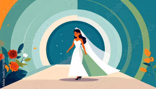 Illustration of a bride in a gown with a long train against a teal, blue, beige, and orange background
