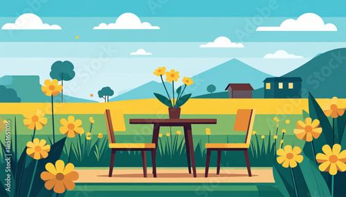 Illustrated outdoor dining area featuring yellow flowers, hills, and a simple house under a blue sky