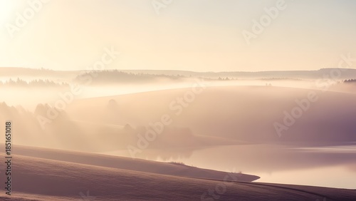 Wallpaper Mural Serene landscape with foggy hills and lake at sunrise Torontodigital.ca