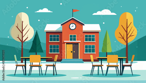 Illustration of a building with outdoor tables and chairs and stylized trees against a teal sky