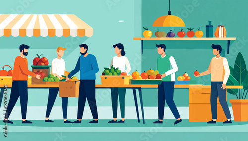 Illustrated outdoor market scene with people buying fruits and vegetables