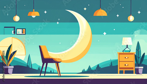 Serene stylized room with a large crescent moon, chair, nightstand, plants, and lights. Peaceful, minimalist design
