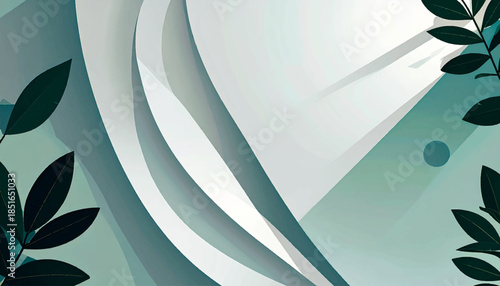 Serene teal and white geometric shapes with leaf accents provide a tranquil and organic backdrop