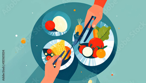 Illustrated overhead view of three plates of food, held by two hands using tongs, against a teal backdrop