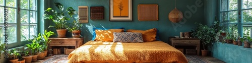 Sunlit bedroom with teal walls, orange bedding, and lush potted plants.  A tranquil and inviting space.
