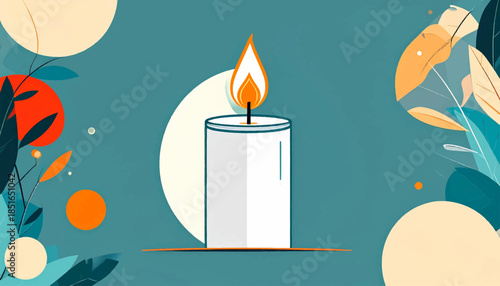 Serene teal backdrop featuring a candle and vibrant, stylized leaf and circular accents