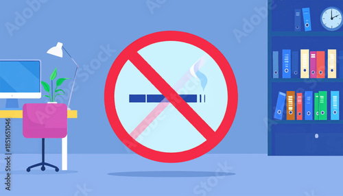 Office scene with a no smoking symbol, desk, chair, computer, lamp, plant and bookshelf