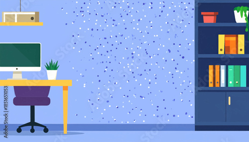 Illustration of a cartoon office with desk, computer, chair, bookcase, and scattered patterns on a blue wall