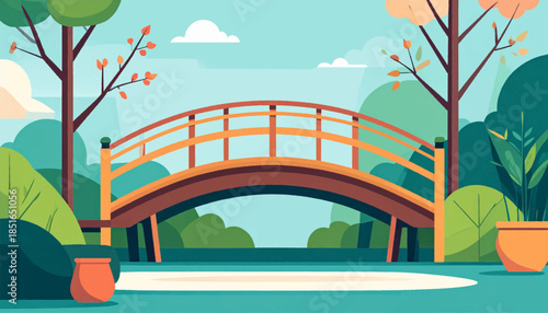 Serene view of a wooden arch bridge over a stream, with foliage and cloudy sky backdrop