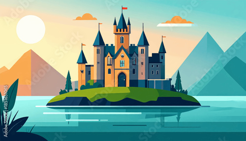 Illustration of a castle on an island, surrounded by water, mountains and sunset sky