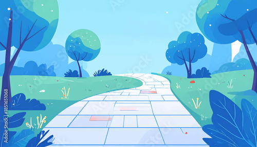 Illustrated path winds through a stylized blue and green landscape with cartoon trees and blue sky