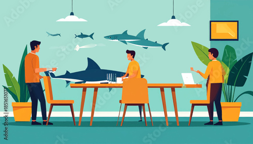 Illustrated people work in a room with sharks swimming by, near potted plants