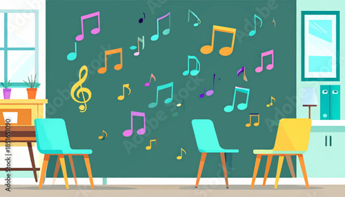Illustration of a classroom with musical notes on the chalkboard and three chairs in front