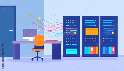 Illustration of a computer and data servers connected by abstract lines in a modern office setting