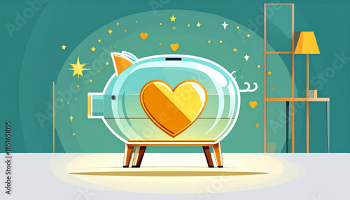 Illustration of a clear piggy bank with a yellow heart in front of a turquoise wall