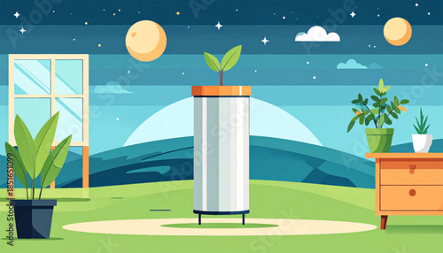 Serene, whimsical vector illustration featuring plants, furniture, a night sky, and rolling hills