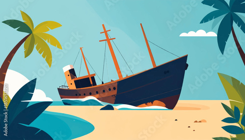 Shipwrecked hull resting on a sandy beach surrounded by verdant palm trees under a clear blue sky