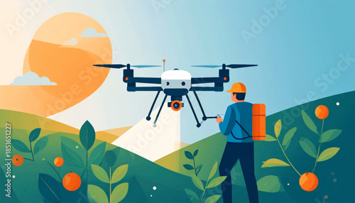 Illustration of a drone spraying fields with a person controlling it amid greenery on a sunny day