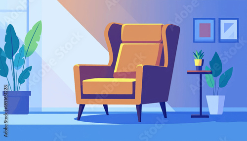 Illustrated room featuring an armchair, potted plants, and framed artwork, bathed in soft light