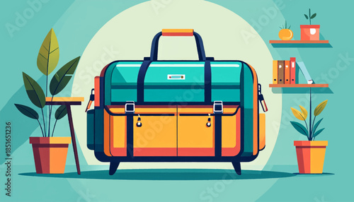 Illustrated room interior featuring a teal and yellow bag, plants, and shelves against a light teal background