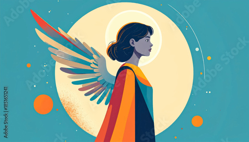 Side view of a winged figure with rainbow cloak, set against a teal background with sun and star elements