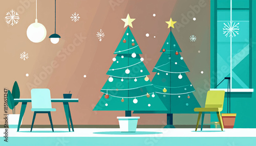 Illustrated room featuring Christmas trees, chairs, a table, and snowflake accents in a simple, flat style