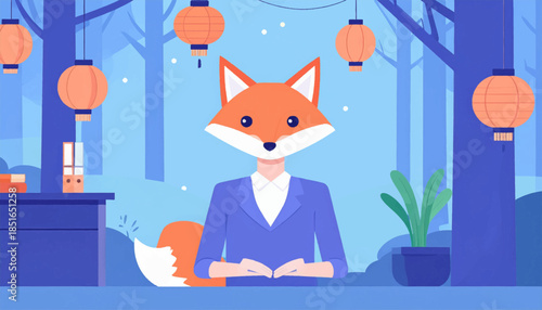 Illustration of a fox-headed person in a suit in a calming blue-toned workspace setting with paper lanterns