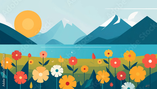 Illustration of a field of flowers, mountains, water, and sun in the sky with simple, flat design elements