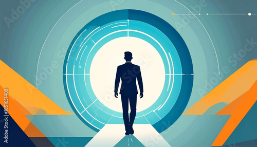 Silhouetted man walks toward glowing circle against a graphic, angular background with orange accents and cool color palette