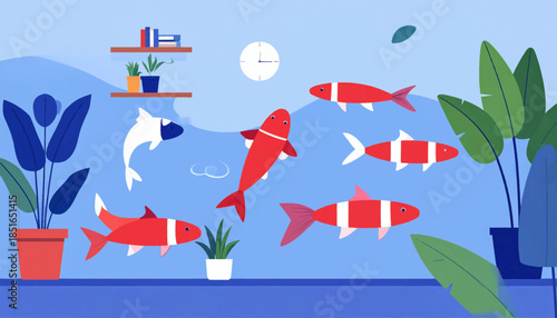 Simple cartoon of koi fish swimming in a blue aquarium scene, with plants and shelves
