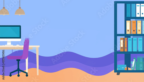 Simple cartoon office desk, computer, chair, bookcase, lamps, wavy background, with a warm and bright color palette