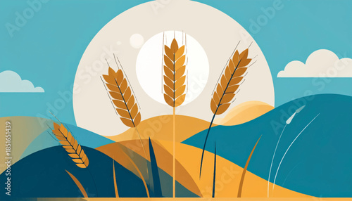 Simple field of wheat depicted in a flat, graphic style against a sky with clouds and the sun