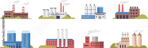 Industrial factory illustration set featuring power plants, storage tanks, smokestacks, manufacturing facilities, energy production buildings, flat modern vector design