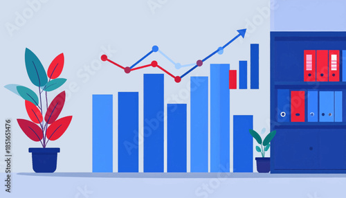 Simple graphic of an office interior with business data represented in bar and line charts, along with potted plants