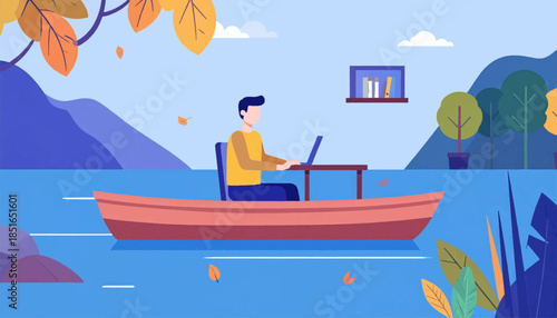 Illustration of a man working on a laptop in a boat on a lake amidst falling autumn leaves